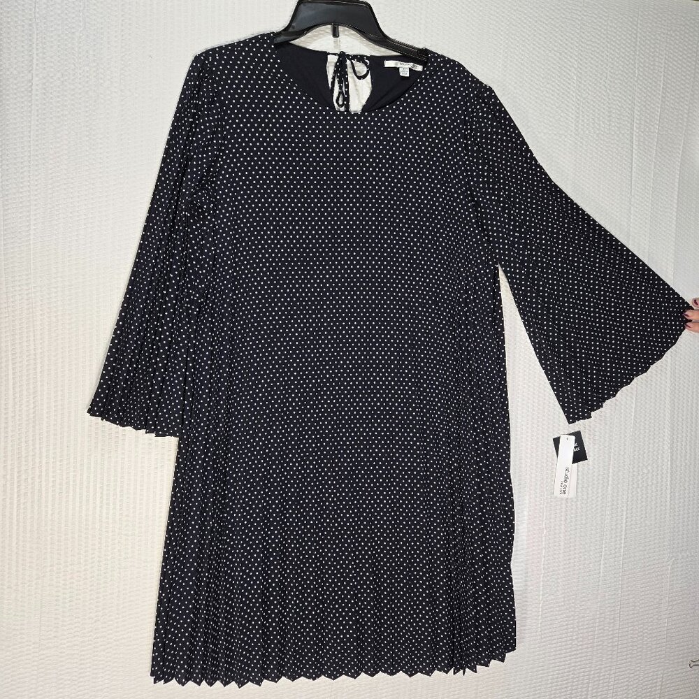 Studio One Pleated Polka-Dot Bell Sleeve Midi Shift Dress Black & White